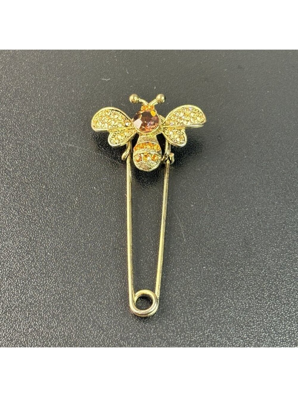 Vintage Bee Saftey Pin Brooch Gold Tone Amber Yellow Rhinestone 1.5" Wide
